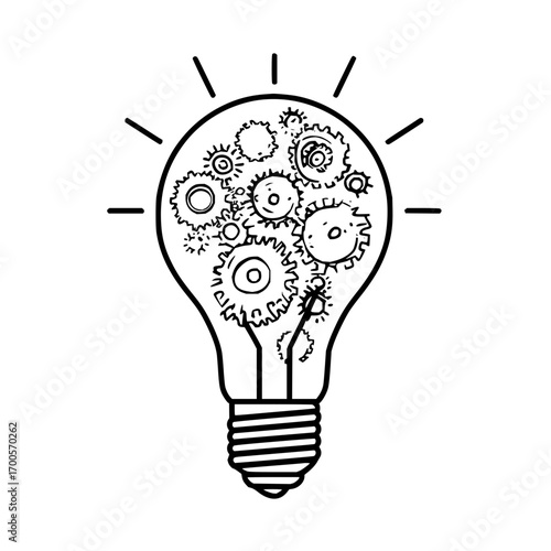 Lightbulb gears innovation idea concept drawing for creative thinking and problem solving solutions design