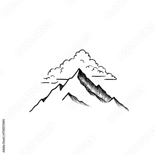Mountain range sketch drawing with clouds vector illustration for nature and outdoor adventure designs