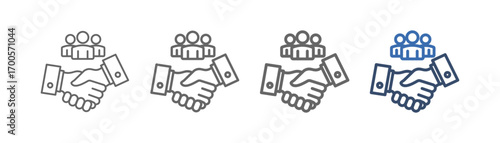
Outline icon set of customer engagement with handshake design and three people on top