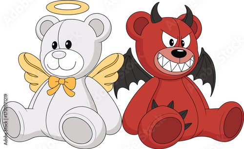 Cute teddy bear angel and devil sitting side by side, contrasting characters, adorable stuffed toys, wings and horns, playful duality, cartoon plush, children’s toy illustration