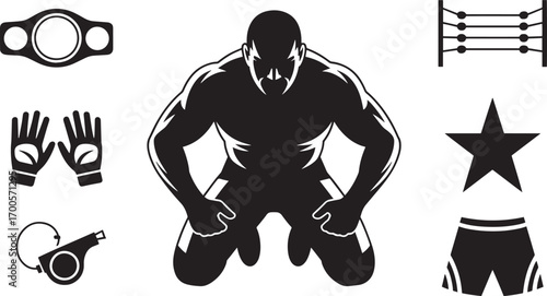 Wrestler Silhouette with Boxing Ring, Gloves, Belt, Star, Shorts, and Whistle Icons