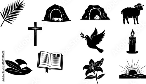 Easter Icons Set with Palm Leaves, Christian Cross and Empty Tomb Cave on White Background – Religious Resurrection Symbol Vector Illustration