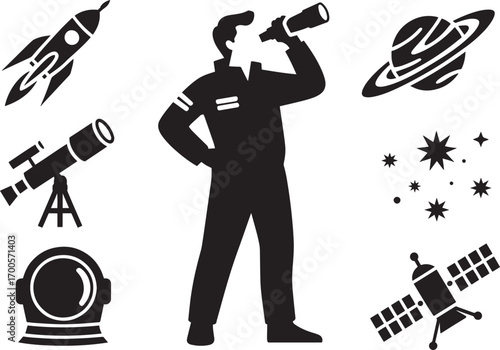 Astronaut Gazing Through Telescope with Space Exploration Elements Silhouette Vector