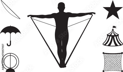 Acrobatic Silhouette Balancing Act with Circus Elements on Transparent Backdrop Design