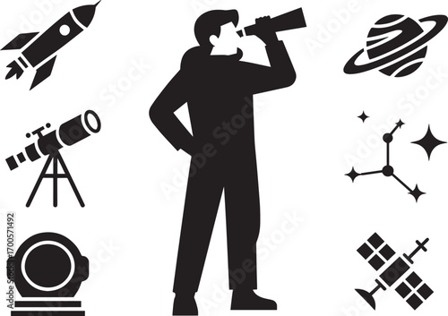 Astronaut Gazing Through Telescope with Space Exploration Elements Silhouette Vector