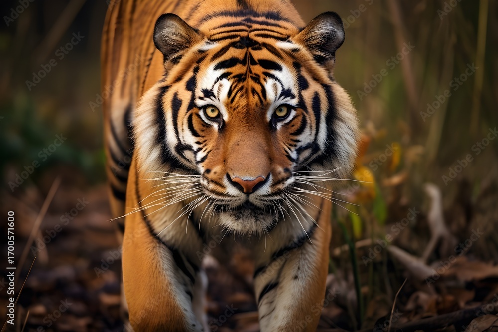 Obraz premium Majestic Bengal tiger staring intensely in its natural habitat, showcasing strength, power, and wildlife beauty, ultra-detailed 8K photography capturing feline grace and wildlife conservation essence