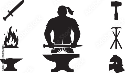 Blacksmith Silhouette Crafting Sword on Anvil with Tools and Fire on Transparent Background