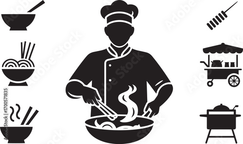 Chef Cooking Asian Cuisine in Wok with Noodles and Street Food Cart Silhouette Art