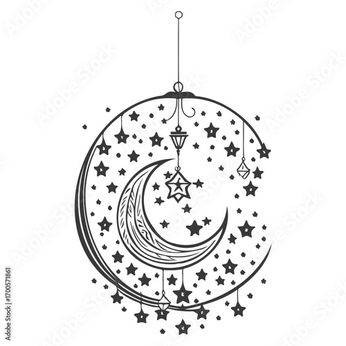 decoration hanging lantern moon star illustration grey