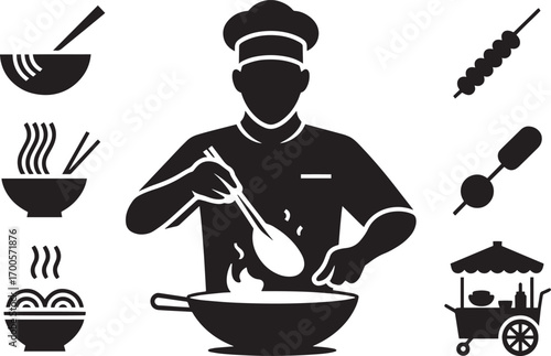 Chef Cooking Asian Cuisine in Wok with Noodles and Street Food Cart Silhouette