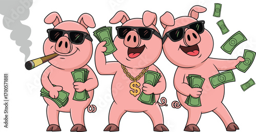Funny cartoon pigs with money, rich pig characters, gangster animals in sunglasses, smoking cigar, hip hop style, throwing cash, dollar bills, vector illustration clipart