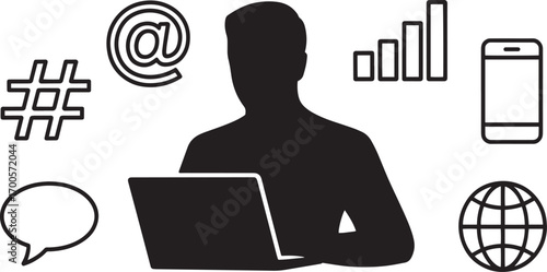 Digital Communication Silhouette with Social Media Icons and Laptop for Online Presence