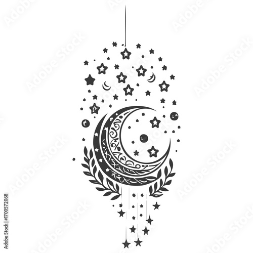 hanging moon star Ramadan illustration grey