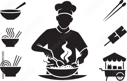 Chef Preparing Asian Noodles with Chopsticks and Street Food Cart Silhouette Design