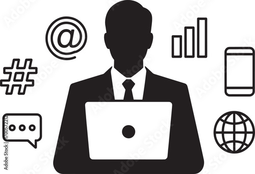 Executive Silhouette with Laptop and Communication Icons for Corporate Presentation