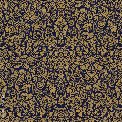 Intricate floral damask pattern in gold and navy offering a luxurious design, patern seamless, Stock royalty free.