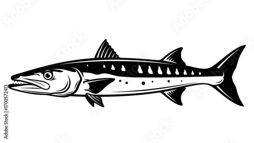 Black and White Vector Illustration of a Barracuda Fish with Bold Contrast and Distinct Spots
