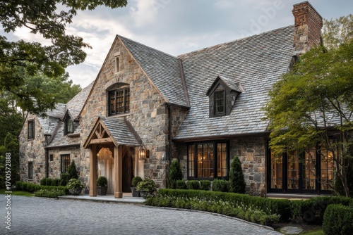 Elegant stone house with slate roof located in a serene neighborhood showcasing beautiful landscaping and intricate architectural details at twilight