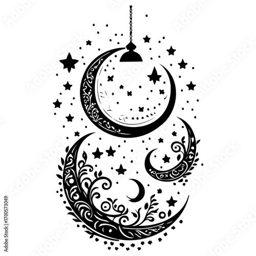 Ramadan Lantern Hanging Crescent Moon illustration sketch hand draw