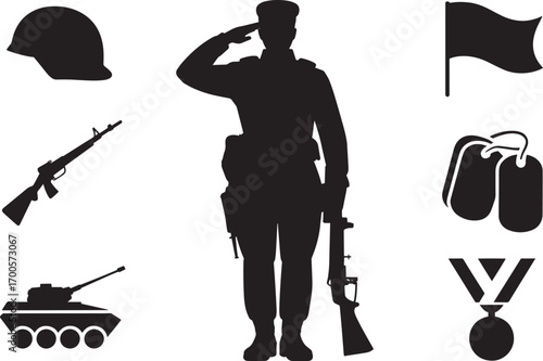 Military Soldier Silhouette with Weapons and Symbols of Service and Sacrifice for Honor