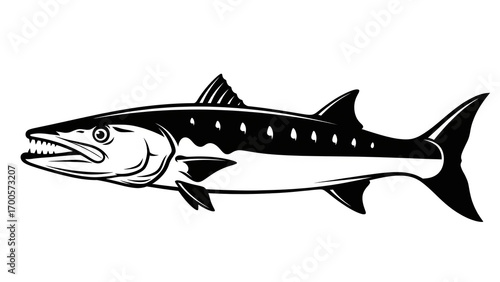 Black and White Silhouette Vector of a Barracuda Fish with Sharp Teeth and Distinct Markings
