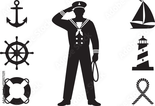 Nautical Sailor Saluting with Anchor, Ship Wheel, Lifebuoy, Lighthouse, Rope, and Sailboat Icons