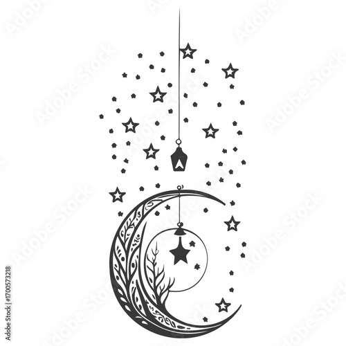 decoration hanging lantern moon star illustration grey