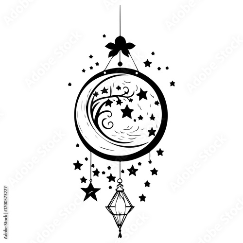 decoration hanging lantern moon star illustration sketch hand draw