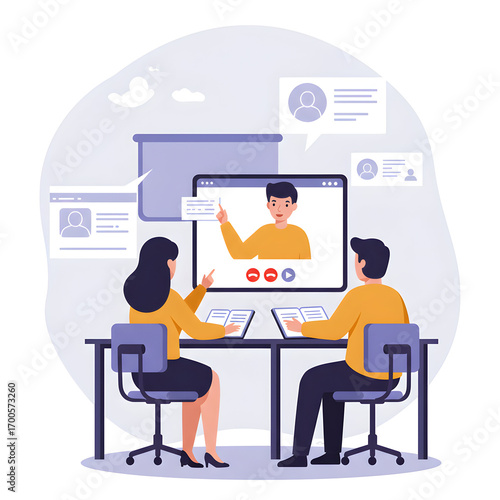 Illustration of Students Engaged in a Virtual School Distance Learning Session with Teacher on Screen