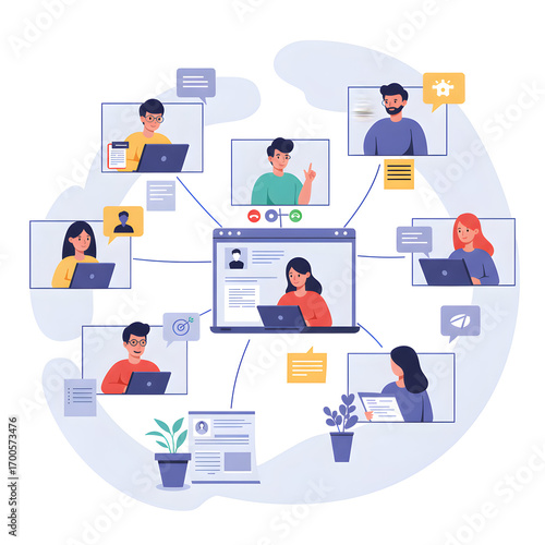 Digital Illustration of Virtual School Distance Learning Environment with Diverse Students Engaged in Online Classes