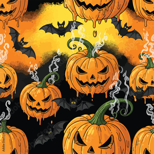 Halloween seamless pattern featuring spooky pumpkins and bats against colorful backdrop, patern seamless, Stock royalty image.