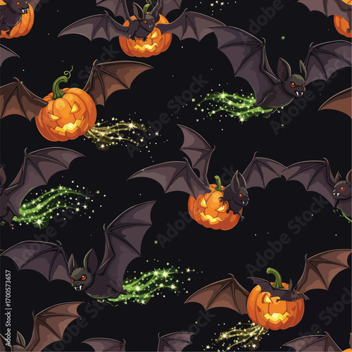 Halloween pattern featuring bats with pumpkins and magical trails in dark night, seamless pattern, Stock royalty image.