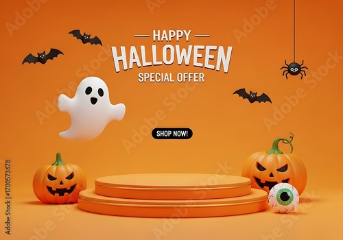 Happy halloween special offer with pumpkins and ghosts