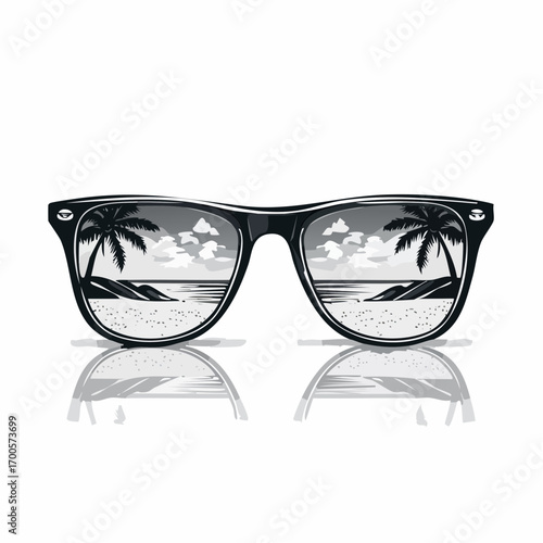 Classic eyewear reflecting a tranquil tropical beach, complete with iconic palm trees and the calm ocean, symbolizing the essence of summer escape and relaxation