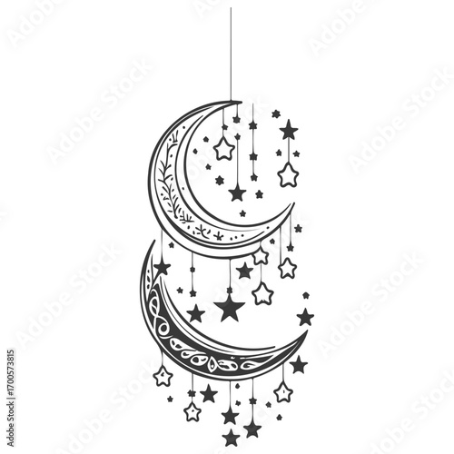 hanging moon star Ramadan illustration grey