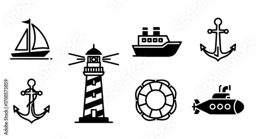 Nautical Icons Collection Sailboat, Lighthouse, Ship, Anchor, Lifebuoy, Submarine