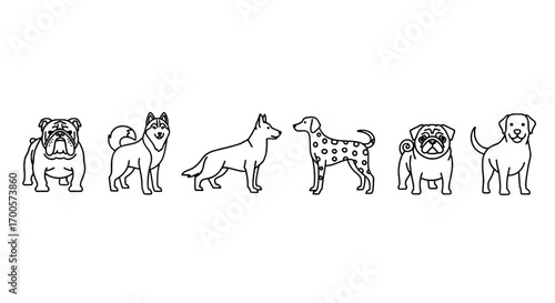 Dog Breeds Line Art Icons Bulldog, Husky, Shepherd, Dalmatian, Pug, and Labrador