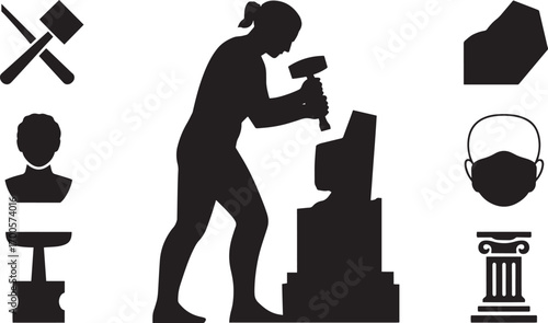 Sculptor Silhouette Shaping Stone with Hammer and Chisel Artistic Craftsmanship Vector