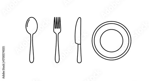 Elegant Minimalist Cutlery and Plate Outline Illustration