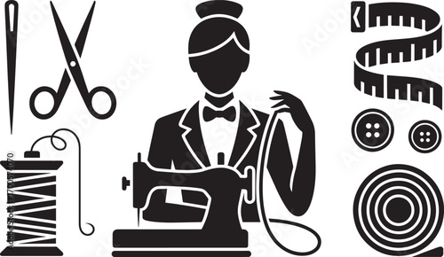 Seamstress Silhouette at Sewing Machine with Tools on Transparent Backdrop for Crafts