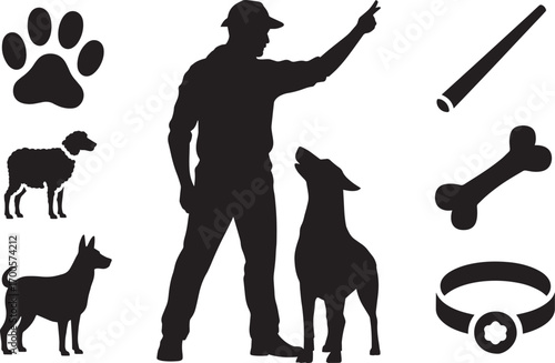 Silhouette Depiction of a Dog Trainer with Dogs, Paw Print, Bone, and Collar on Transparent