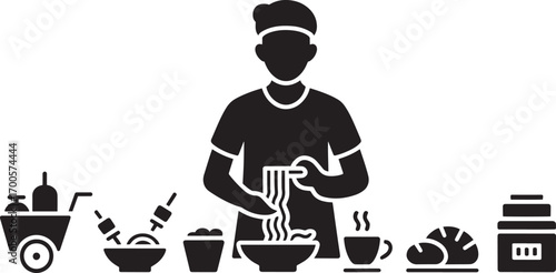 Silhouette of a Chef Preparing Asian Cuisine with Noodles and Street Food Cart