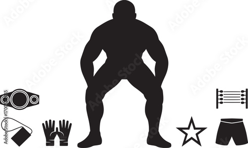 Silhouette of a Muscular Wrestler with Boxing Accessories on a Transparent Background