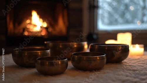 Relaxing sound bath video with singing bowls and fireplace in cozy winter setting for mindfulness and meditation practice
