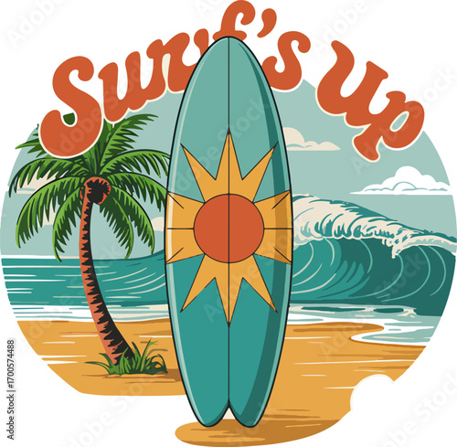 Retro surfboard with sun graphic and surfs up text stands on a beach with a palm tree and ocean waves