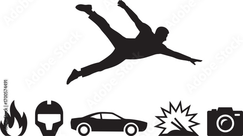 Silhouette of a Person Falling or Diving with Flames, Helmet, Car, Explosion, Camera Icons