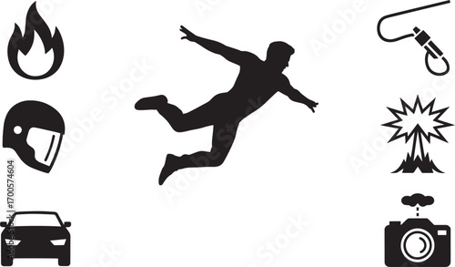 Silhouette of a Person Falling or Diving with Flames, Helmet, Car, Explosion, Camera Icons