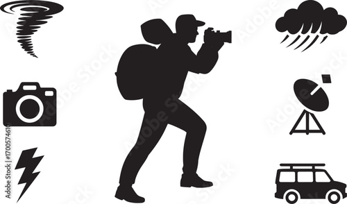 Silhouette of a Storm Chaser Photographer with Weather Icons on Transparent Background