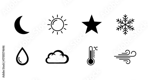 Weather Forecast Icons Moon, Sun, Star, Snowflake, Water Drop, Cloud, Thermometer, Wind