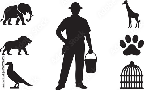 Silhouette of a Zookeeper with Animals on a Transparent Background for Conservation